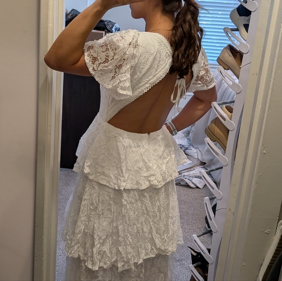 Lulus Delana White Crochet Lace Tiered Midi Dress - Size M - Picture 3 of 4
